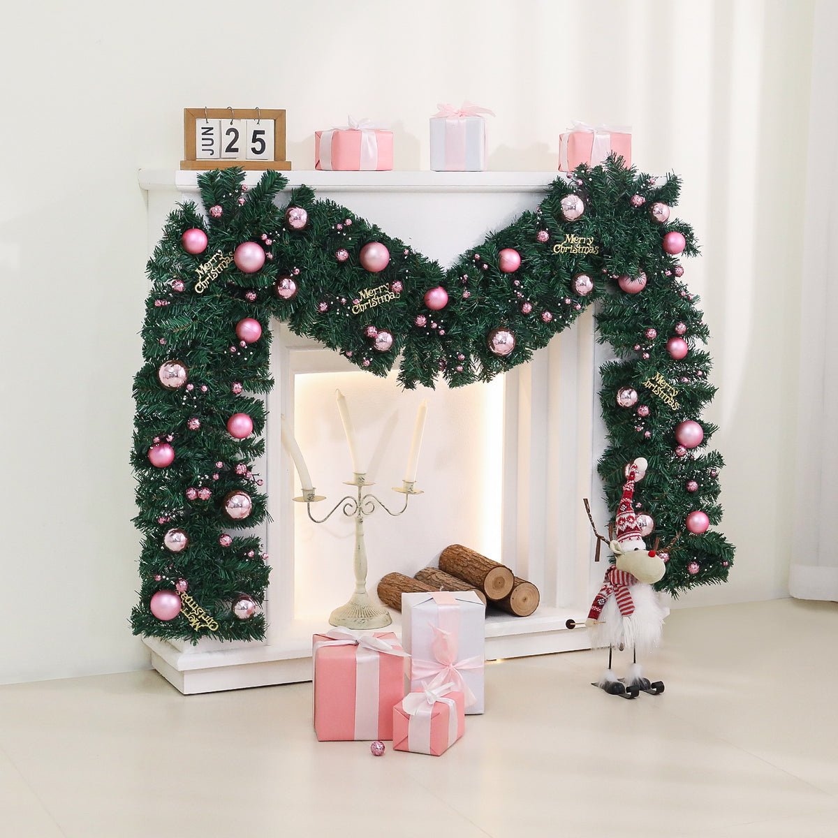 Christmas Rattan Decoration 2.7m with Lights and Wreaths for Festive Home Decor