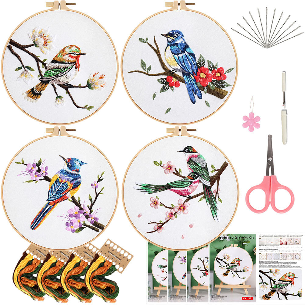Flower and Bird Embroidery DIY Kit with Frames - Multiple Variants
