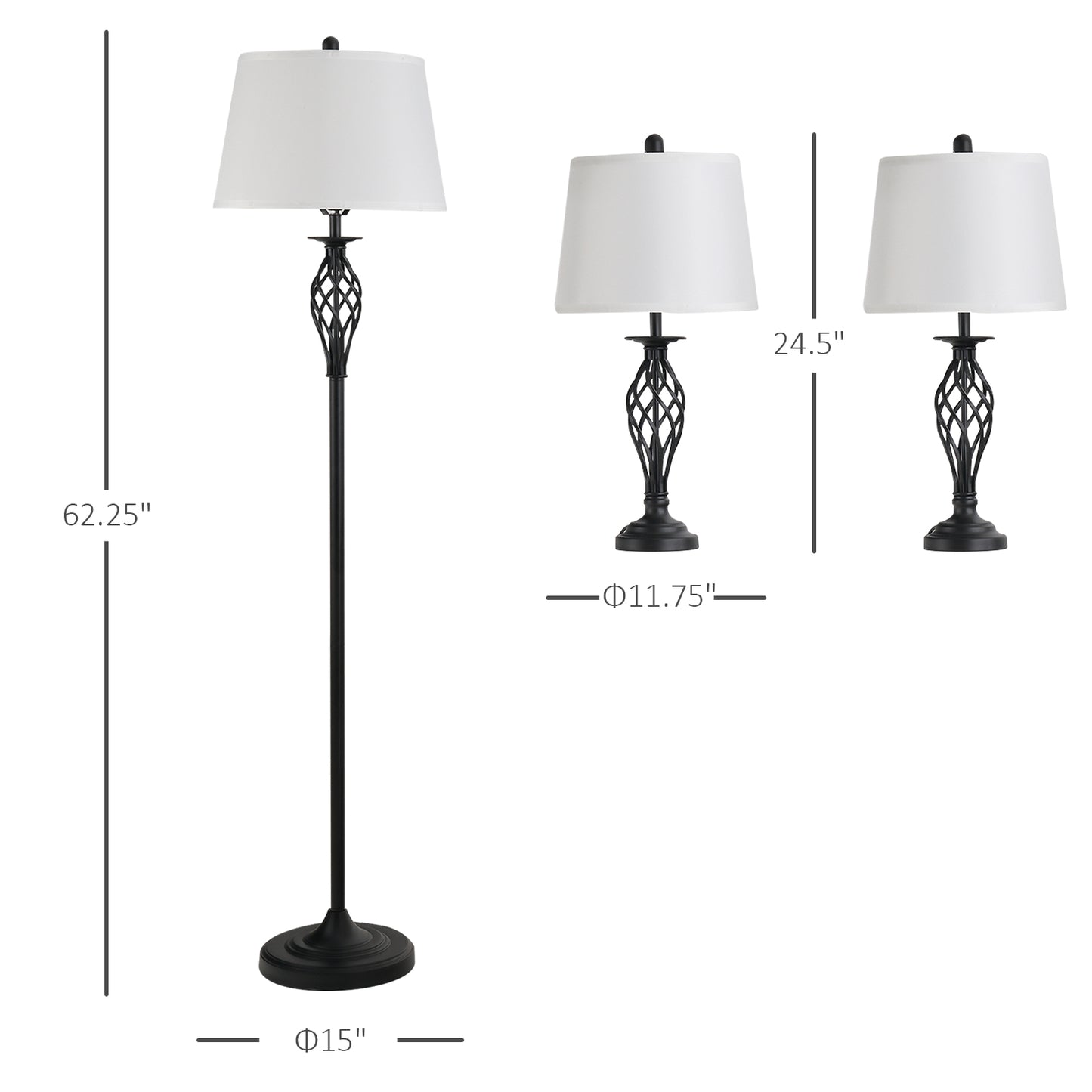 3-Piece Floor and Table Lamp Set with Metal Poles and Fabric Shades for Living Room - Black/White