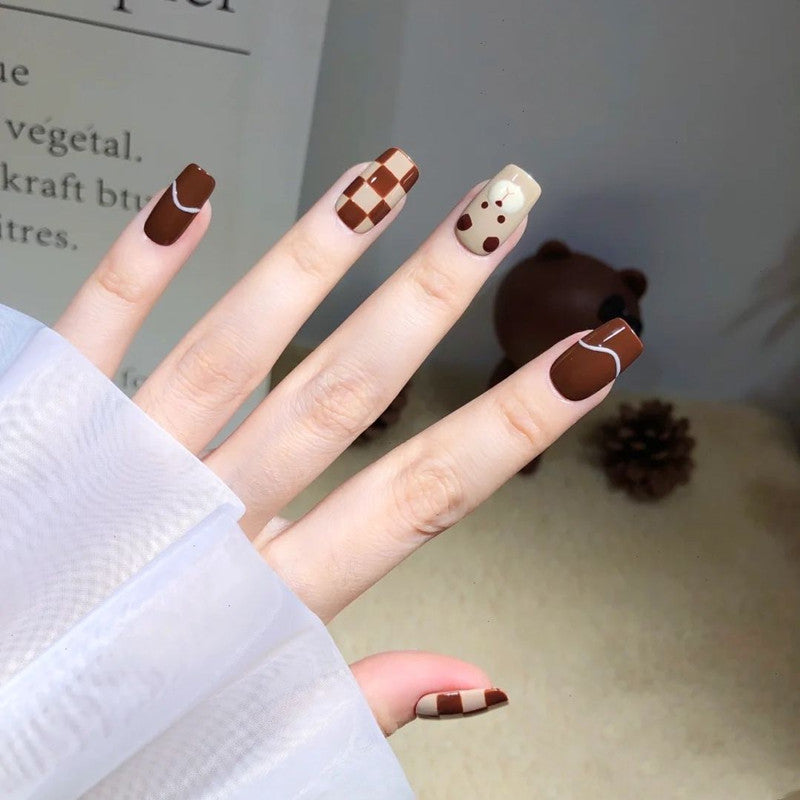 Handmade Nail Stickers Checkerboard Coffee Bear