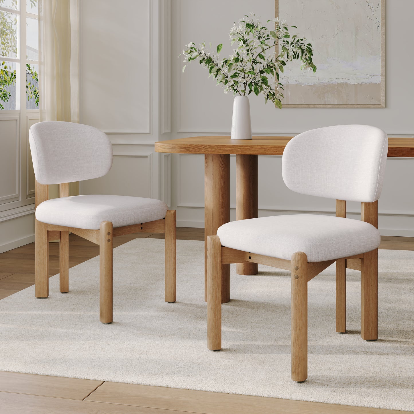 Beige Upholstered Dining Chairs - Set of 2 with Natural Frame