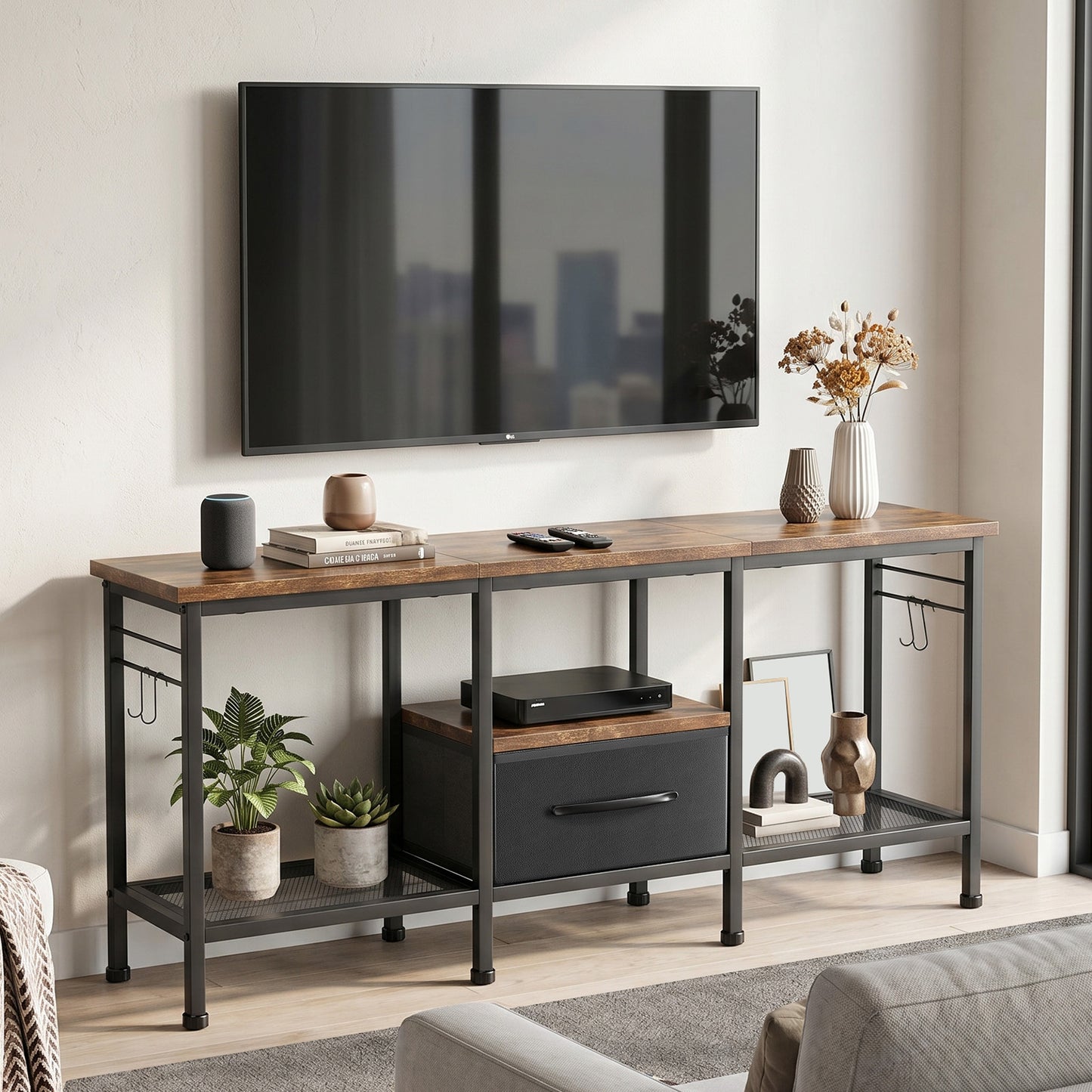 Industrial Style TV Stand with Fabric Drawer & Open Shelves