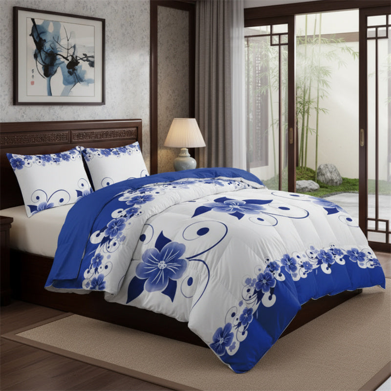 Blue & White Floral Duvet Cover Set - Heavyweight Microfiber