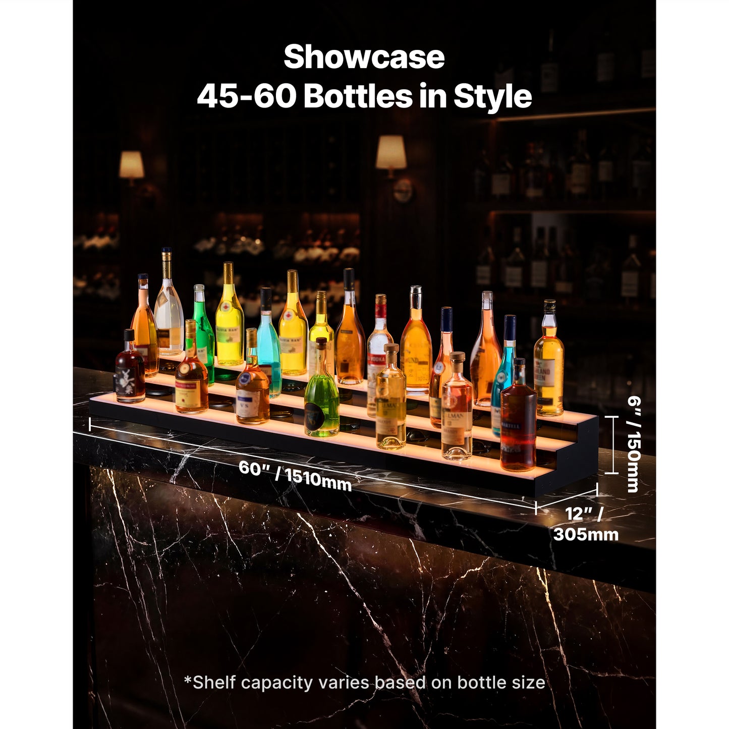 LED Liquor Bottle Display Shelf - 3 Tiers, Illuminated Home Bar Decor with Remote & App Control, 60 Inch