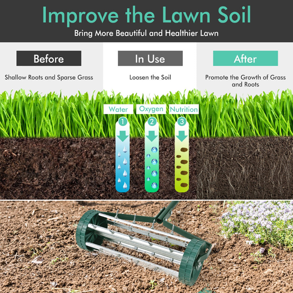18 Inch Lawn Aerator with Detachable Handle and Steel Tines - Green Garden Tool