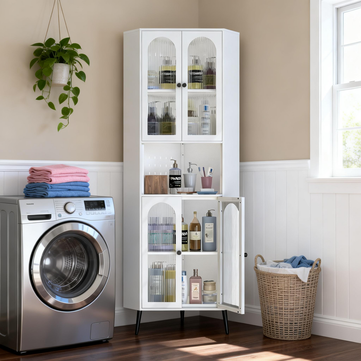 73'' White Metal Corner Storage Cabinet with Adjustable Shelves