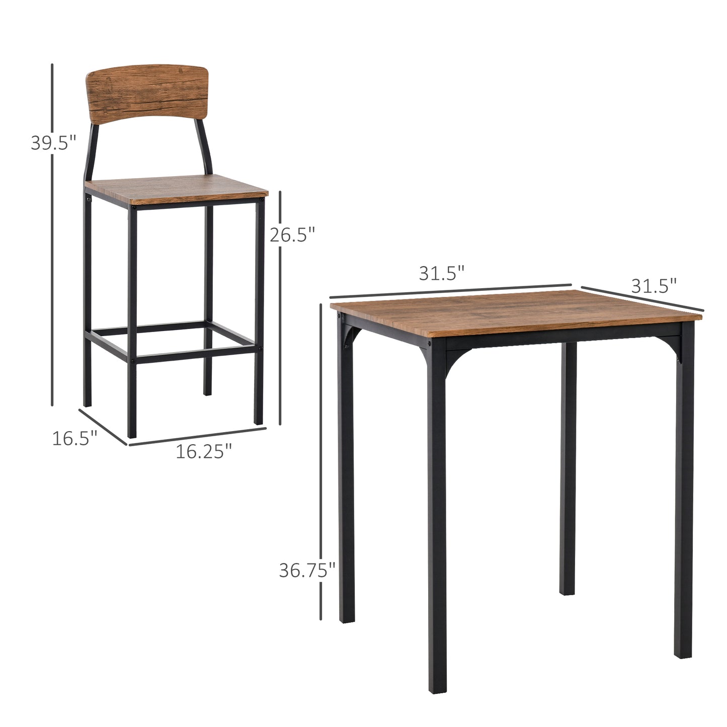 3-Piece Square Dining Table Set with 2 Stools - Walnut & Black