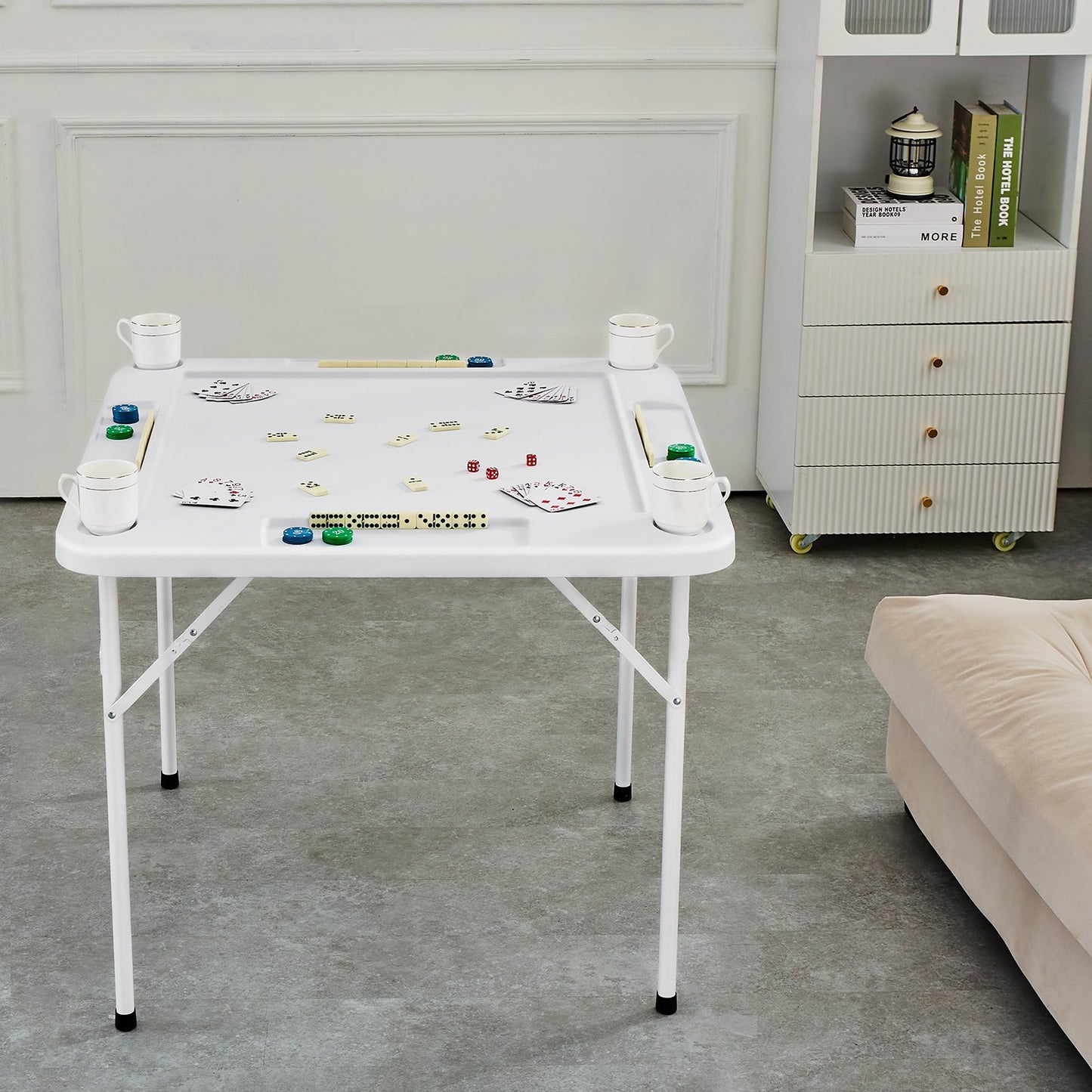 Folding Mahjong Table for 4 Players with Cup Holders - White