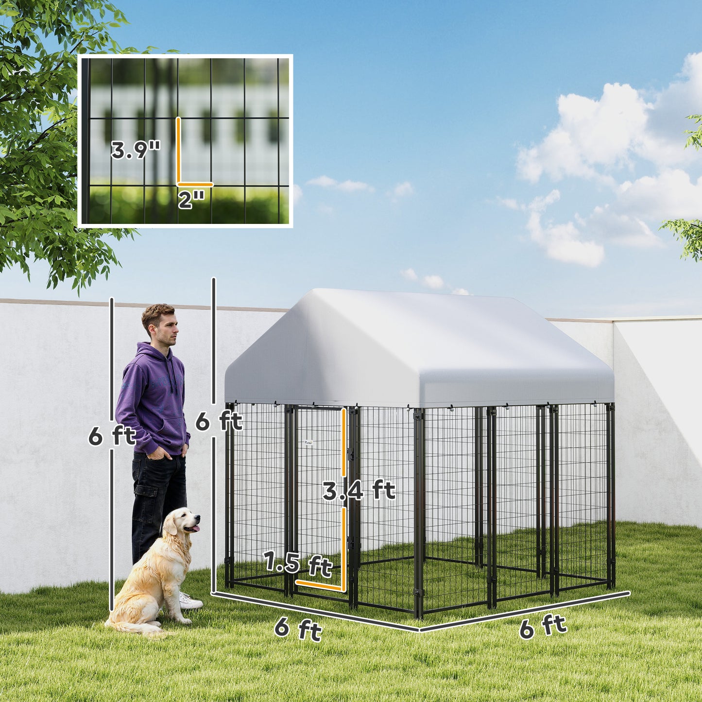 Heavy Duty Outdoor Dog Kennel with Roof, 6x6ft Welded Wire Playpen, Escape-Proof Lock