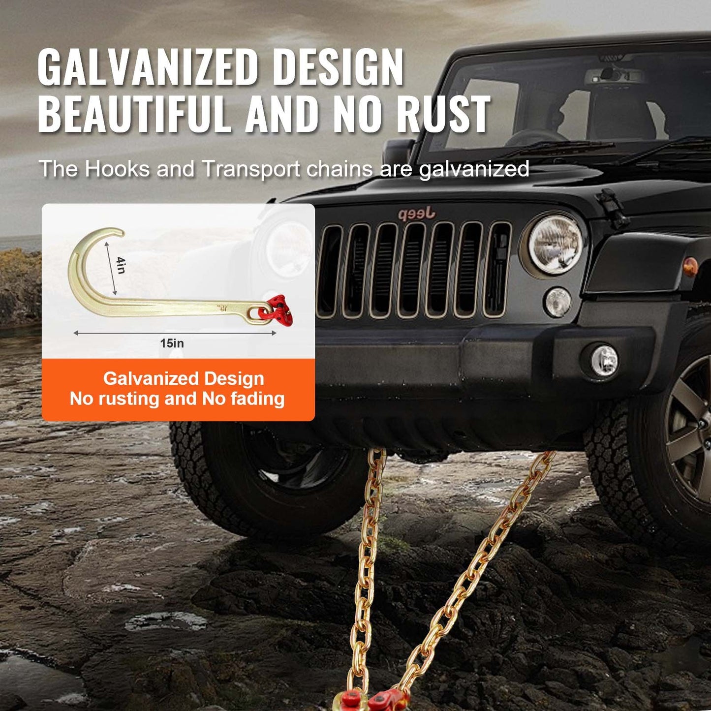 G80 Tow Chain with V-Hook and Grab Hook - Heavy Duty 15600lbs Load Capacity