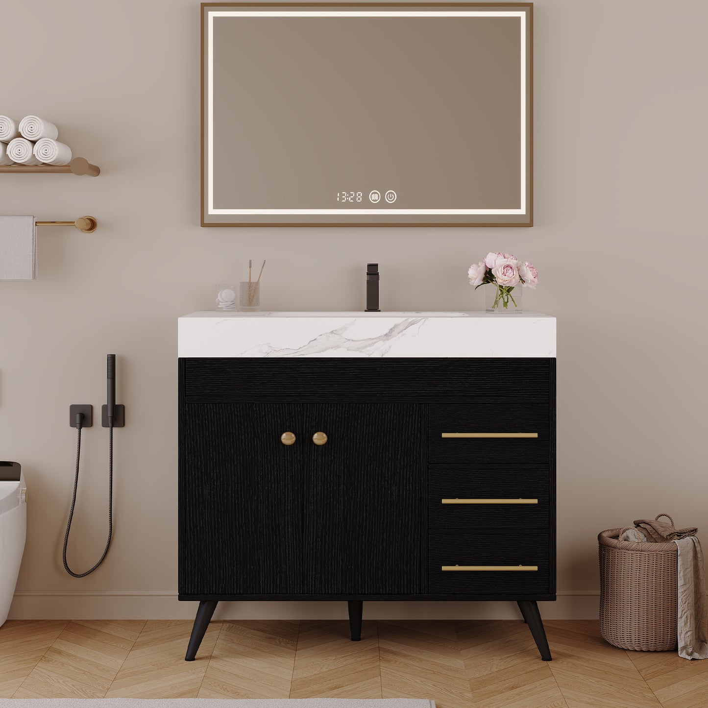 36" Freestanding Bathroom Vanity with Ceramic Sink & Faux Marble Top - Black/White