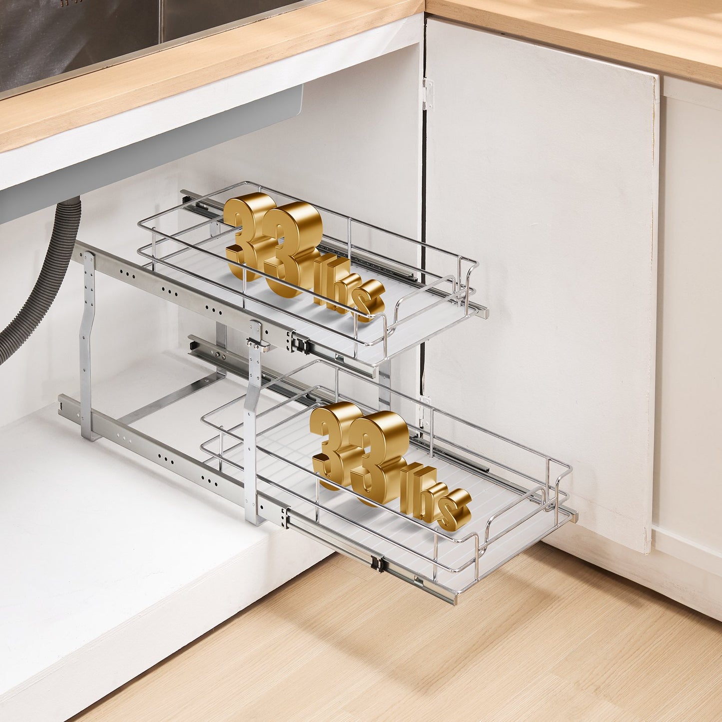 2-Tier Under Sink Organizer - Pull Out Cabinet Basket, Silver