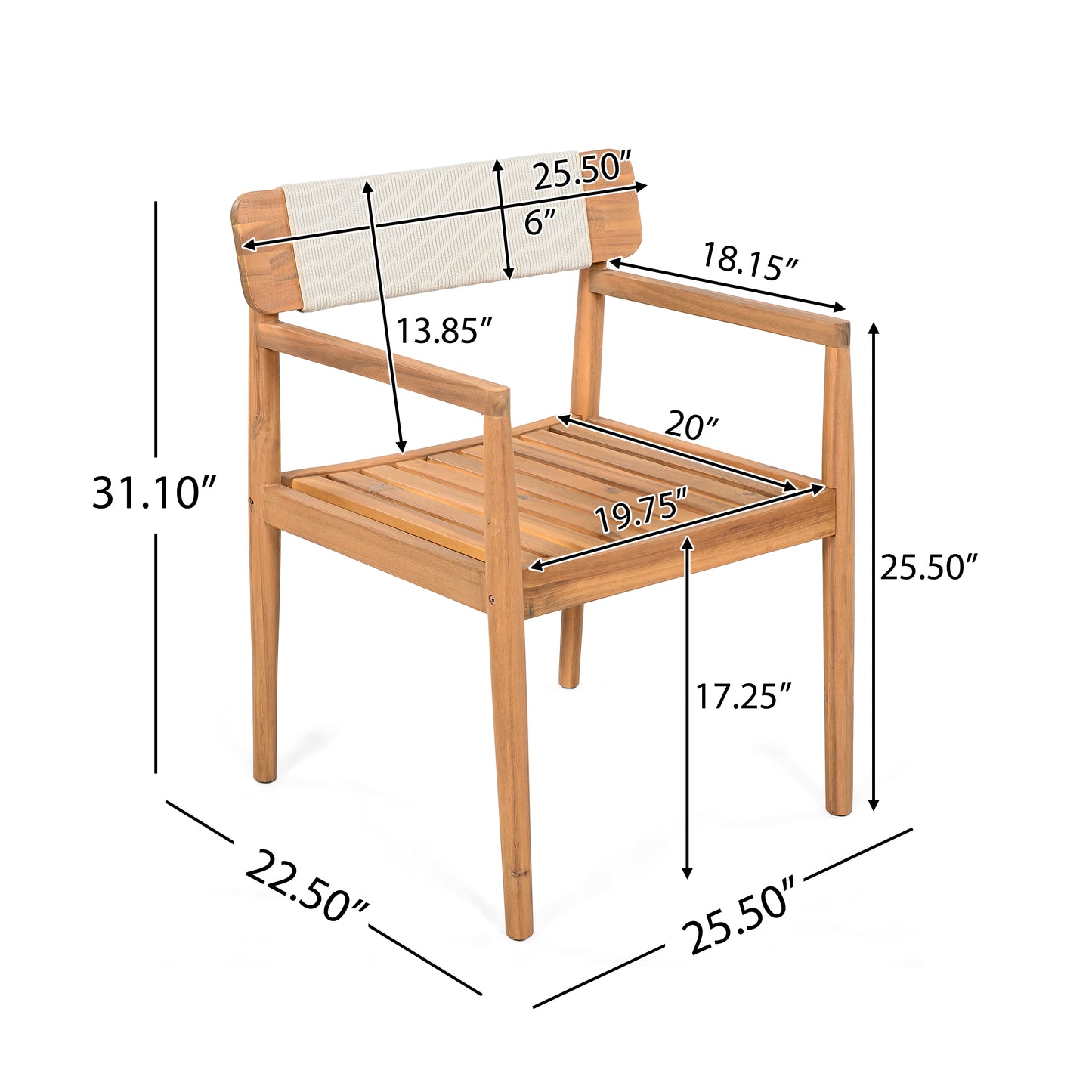 Outdoor Dining Table and Chairs Set - Acacia Wood with Armrests