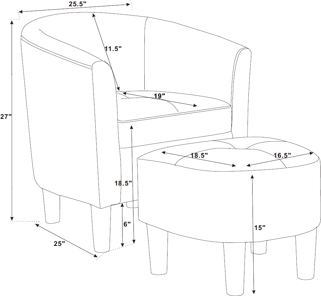 Gray Polyester Barrel Chair with Ottoman - 25.5" Wide