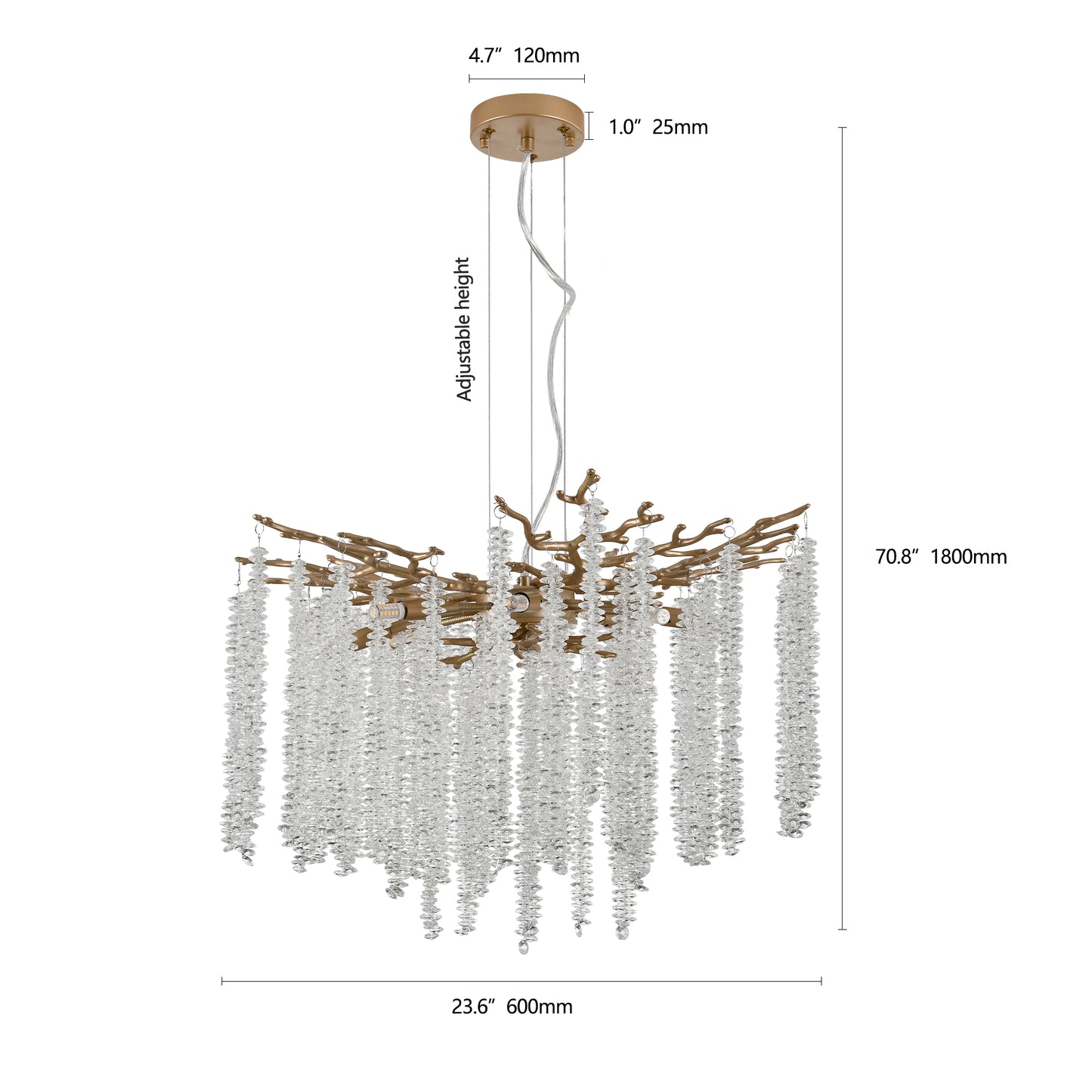 24-Inch Modern Golden Pendant Light with Cascading Crystal Strands for Living & Dining Rooms