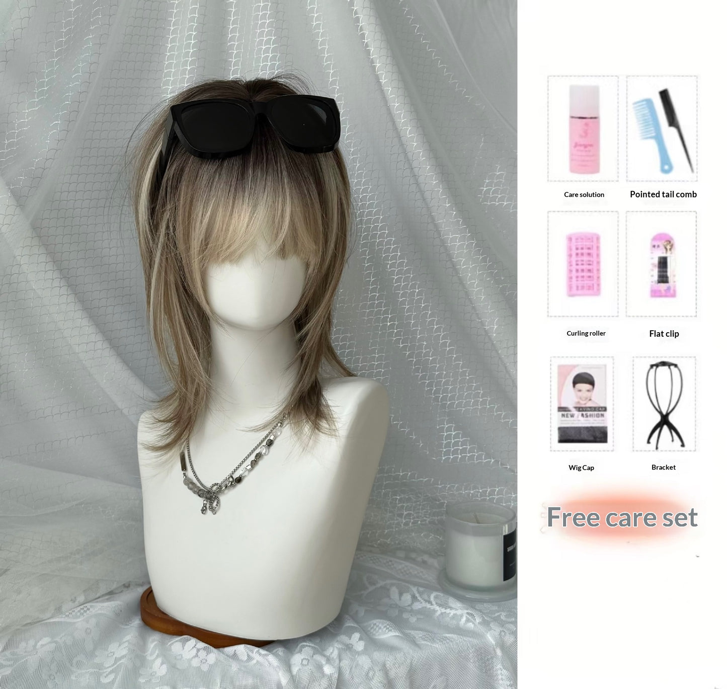 Unisex Golden Brown Full-Head Wig with Hair Net & Accessories