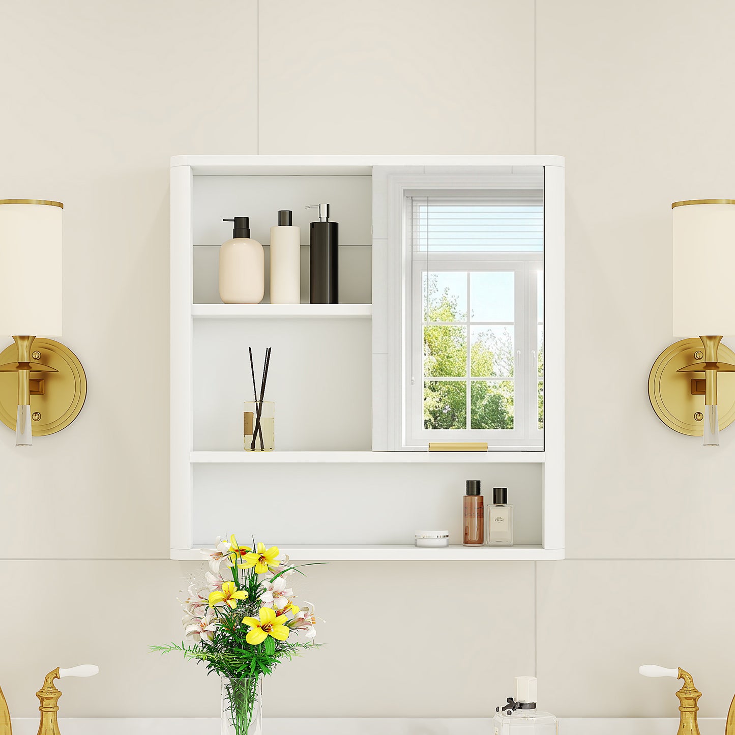 Wall Mounted Modern Bathroom Mirror Cabinet with Gold Accent