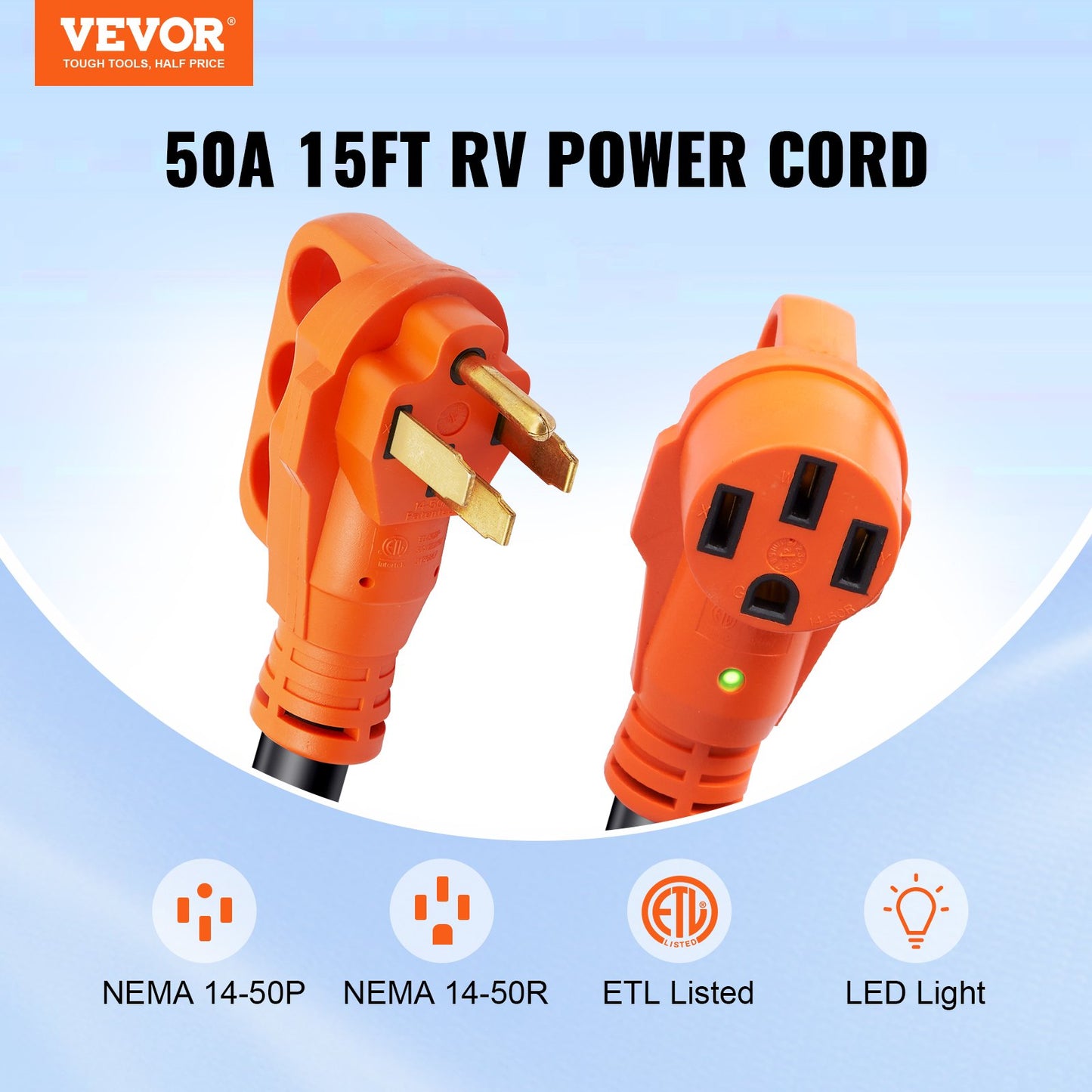 15 Ft Heavy Duty RV Extension Cord 50 Amp NEMA 14-50R Female Plug with LED Handle
