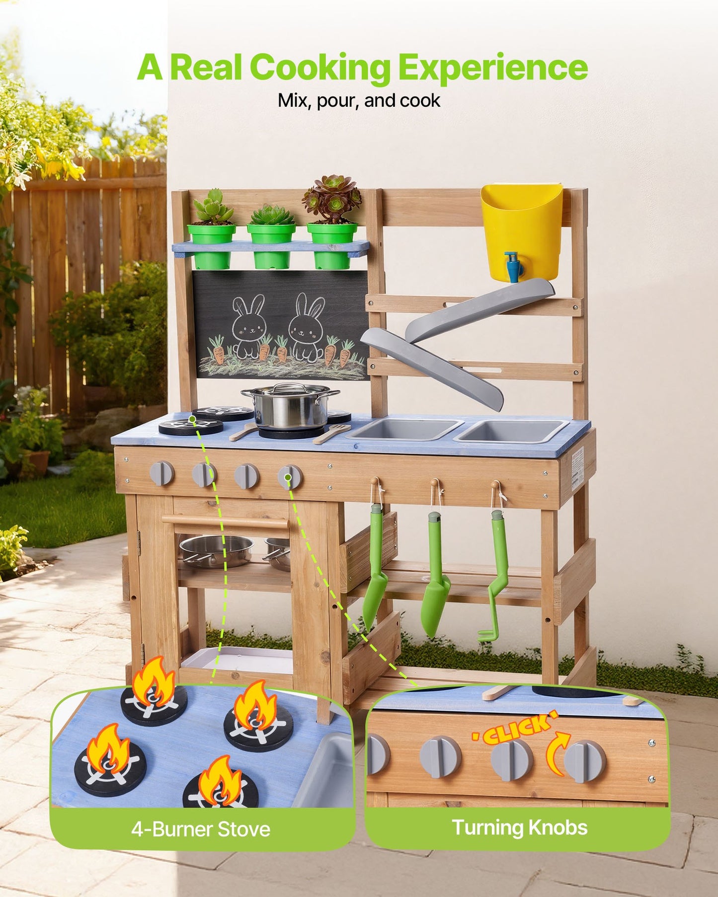 Outdoor Mud Kitchen for Kids with Sinks, Stoves & Accessories - Wooden Play Set