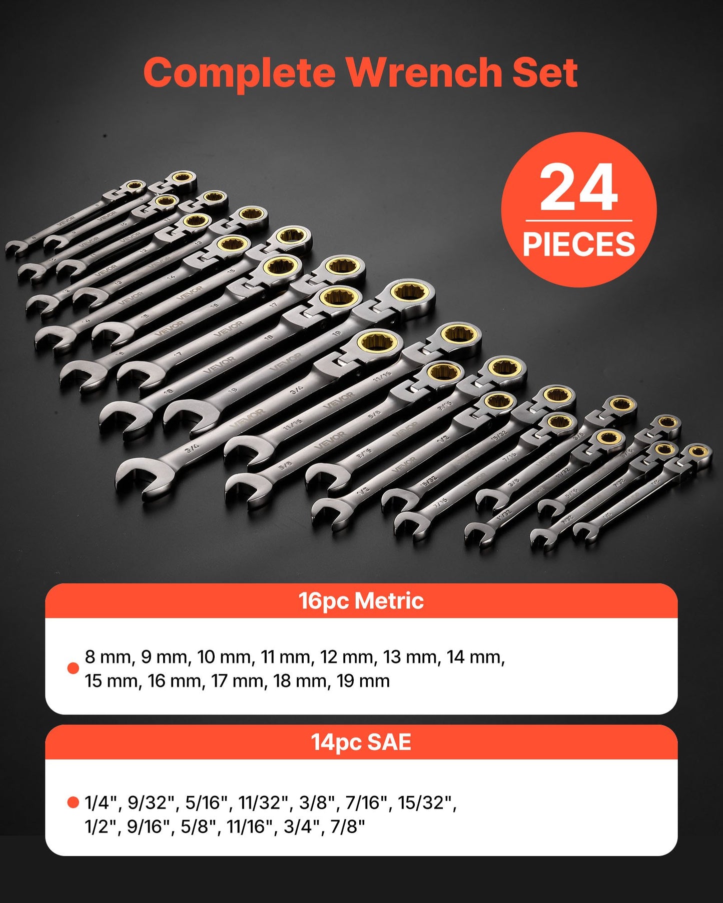 24-Piece Ratcheting Wrench Set with Flex Head, SAE & Metric, Cr-V Steel, Storage Case