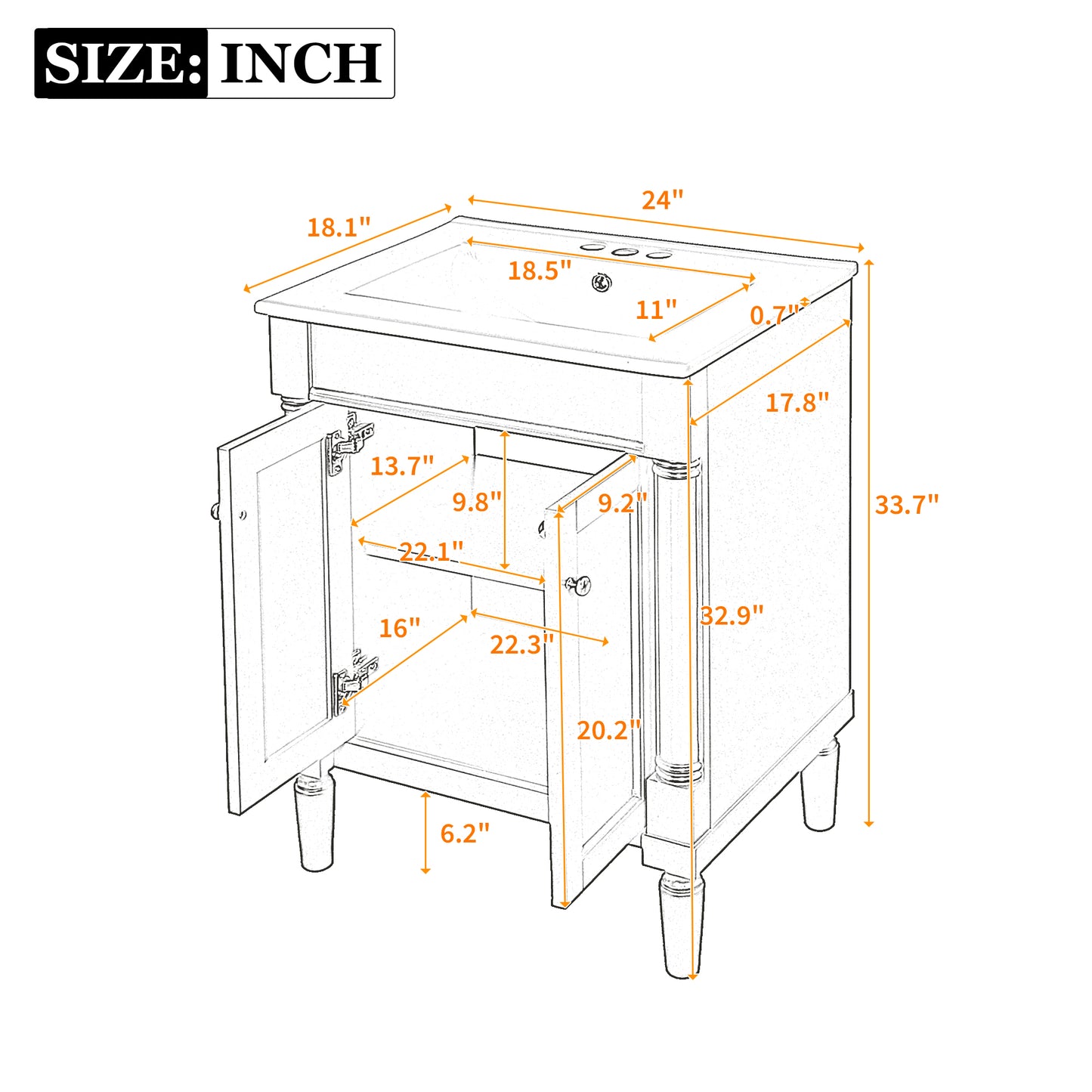 24-Inch Modern Bathroom Vanity with Ceramic Sink & Storage Cabinet