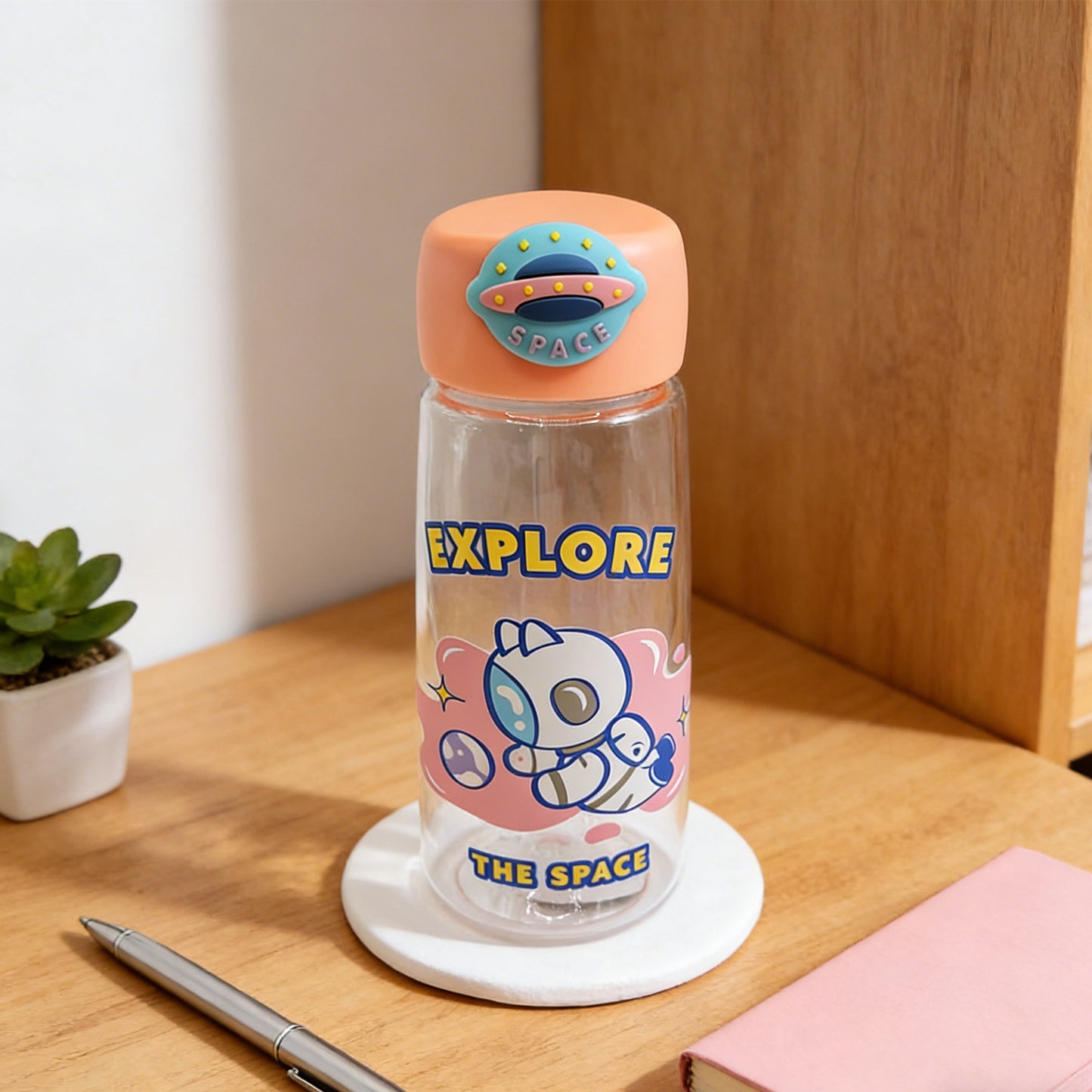 Astronaut Cat Plastic Water Bottle - 400ml Pink