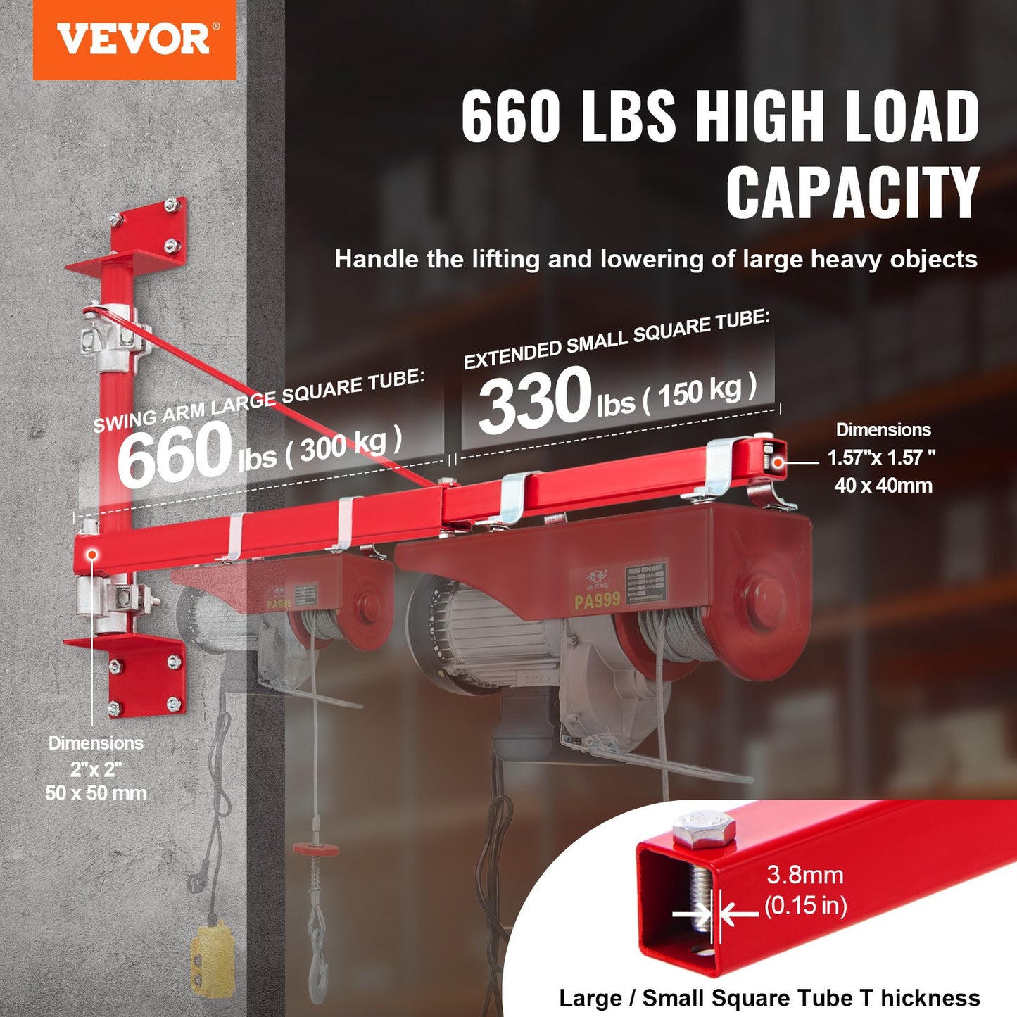 Electric Hoist Support Arm 660 Lb Max Load Swing & Adjustable Steel Frame