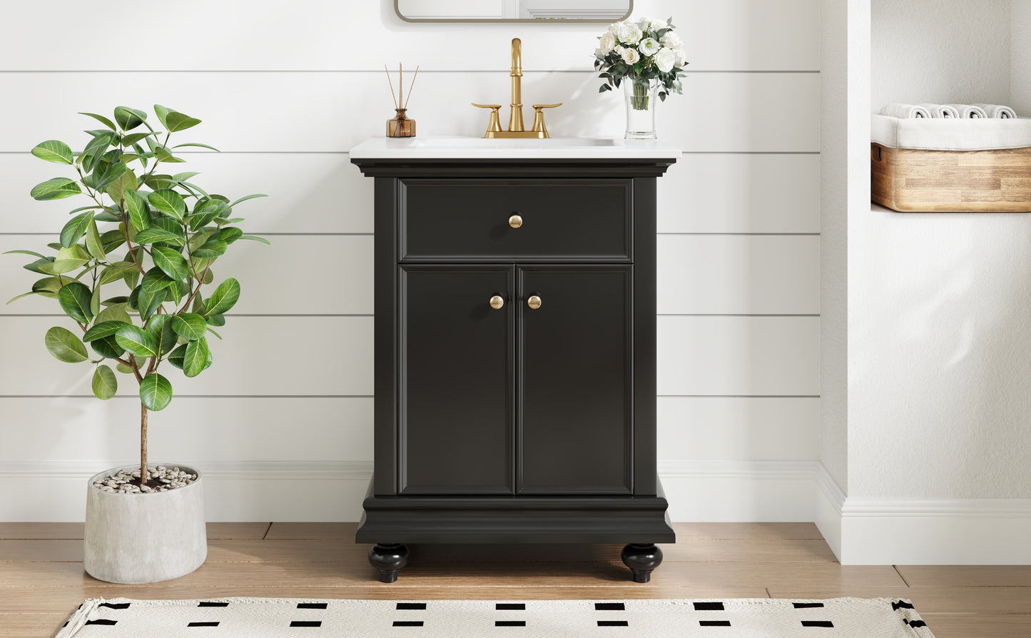 24" Black Modern Bathroom Vanity with Tip-Out Drawer & Soft-Close Hinges