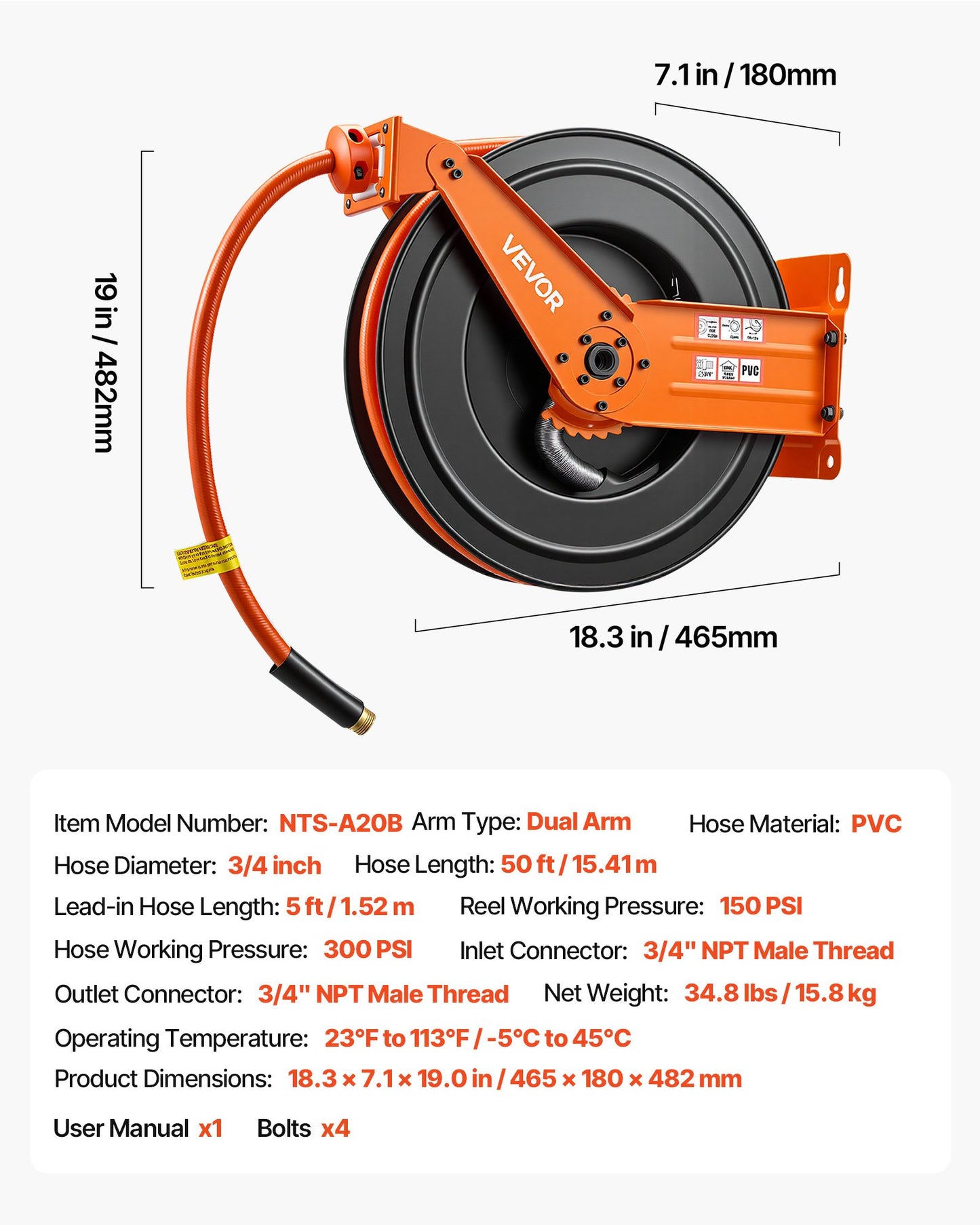 Retractable Air Hose Reel 50FT with Auto Rewind Wall Mount for Pneumatic Tools - Black