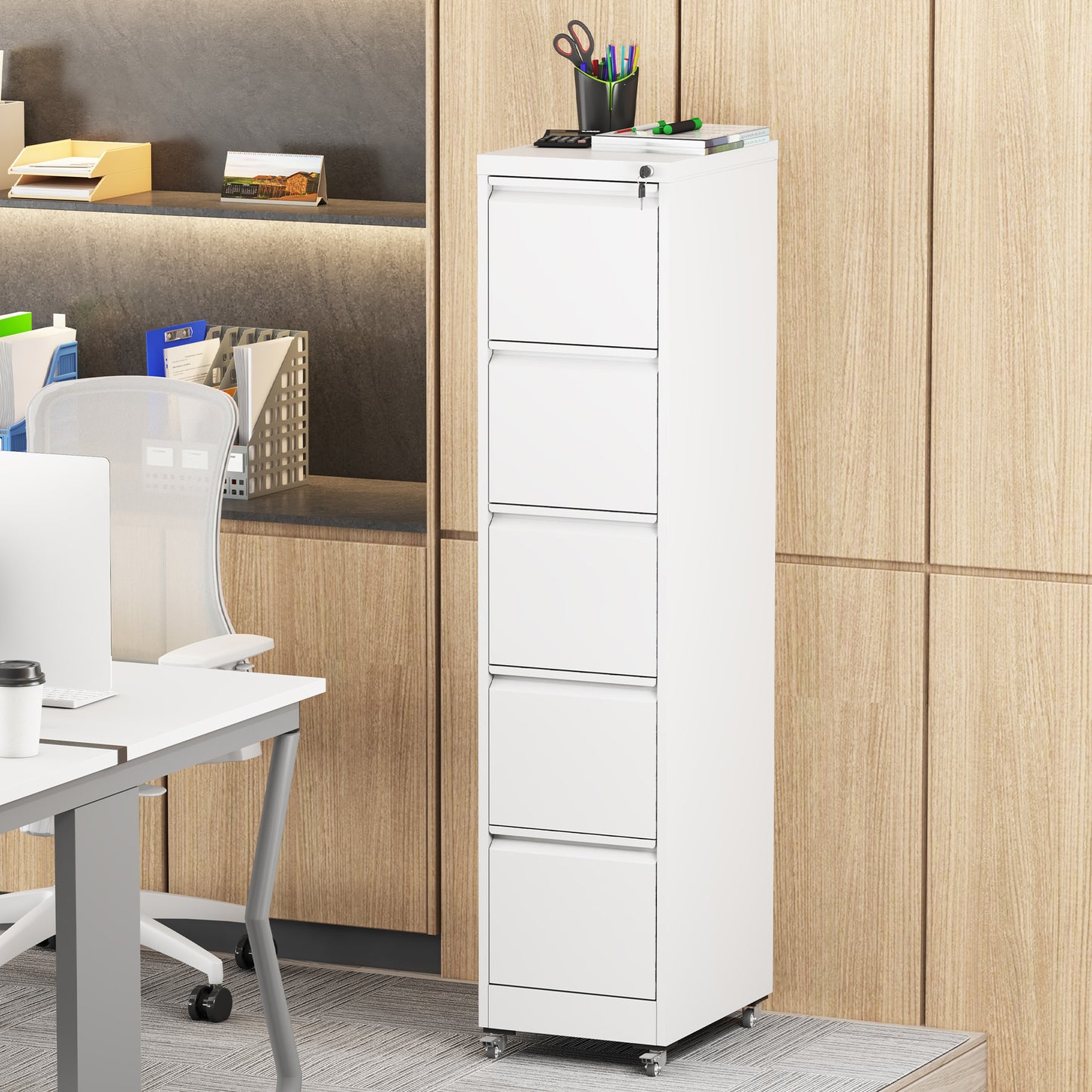 5 Drawer Metal Vertical File Cabinet With Lock On Wheels For Home