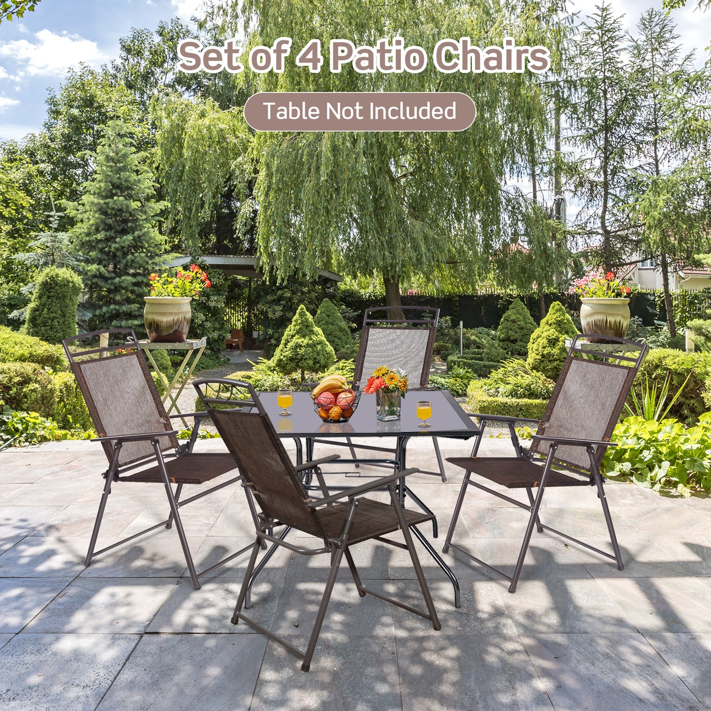 Set of 4 Folding Sling Patio Chairs - Steel Frame, Weather-Resistant Fabric