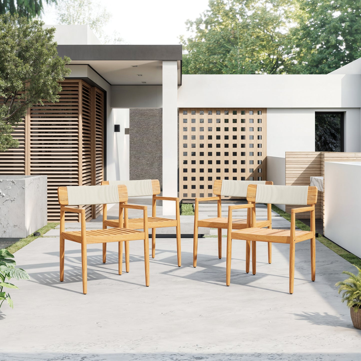 Outdoor Dining Table and Chairs Set - Acacia Wood with Armrests