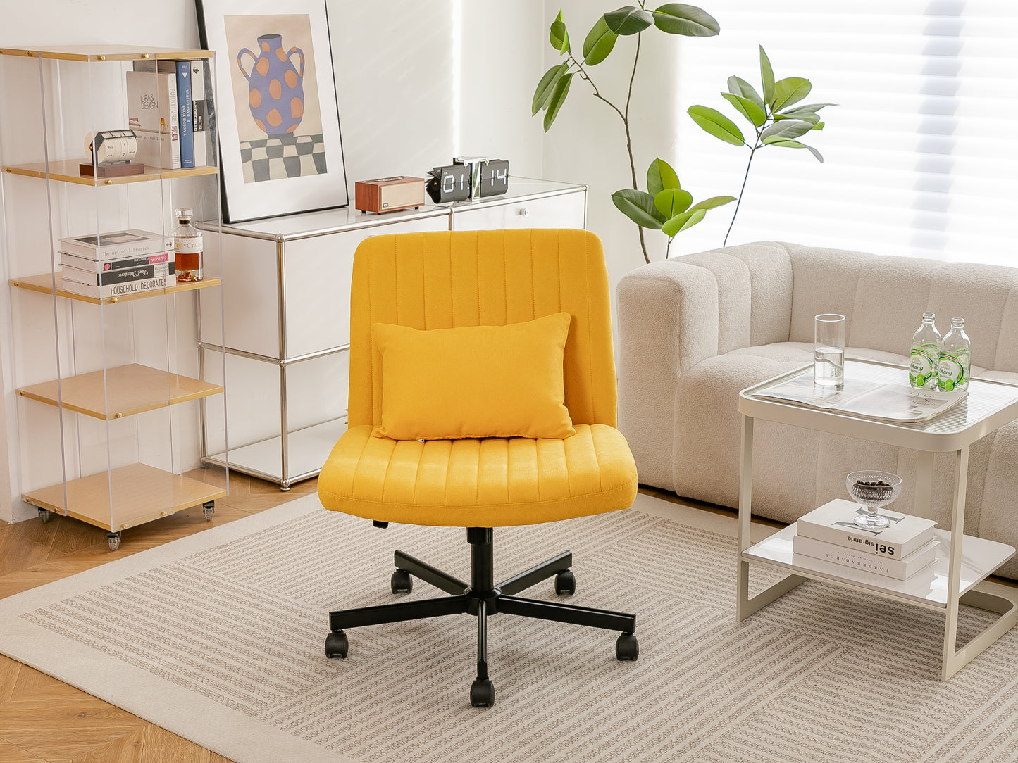 Yellow Linen Criss Cross Office Chair with Wheels - Ergonomic Design