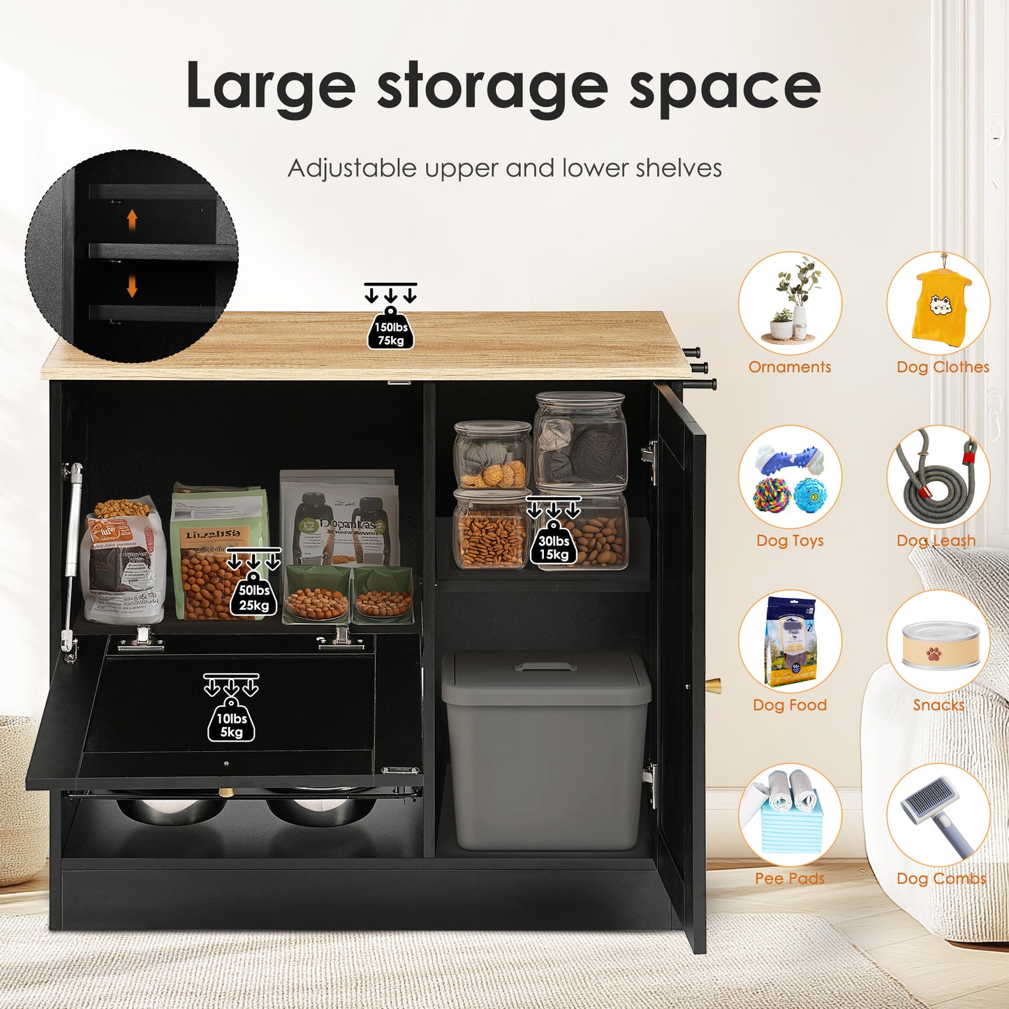 Elevated Pet Feeding Station with 2 Lockers & Side Hooks - Black+Vintage