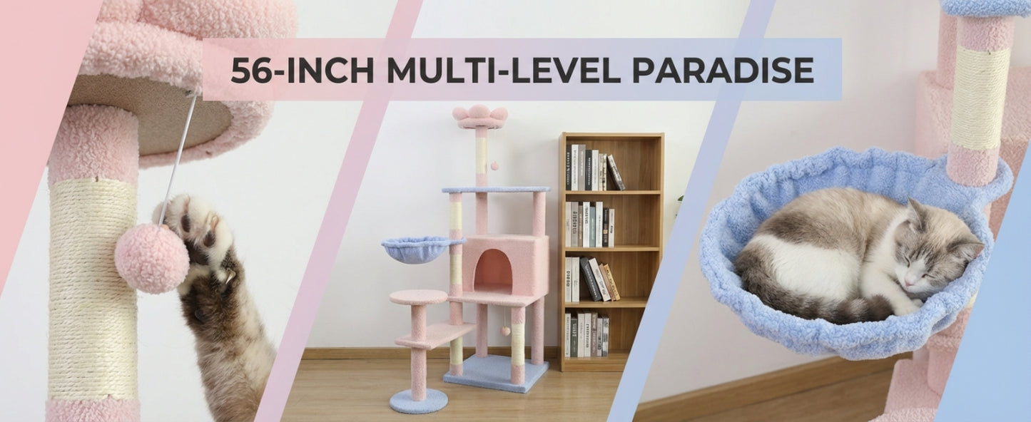 Pink Flower Cat Tree with Large Condo, Removable Cushion & Hammock - 56 Inch Tall