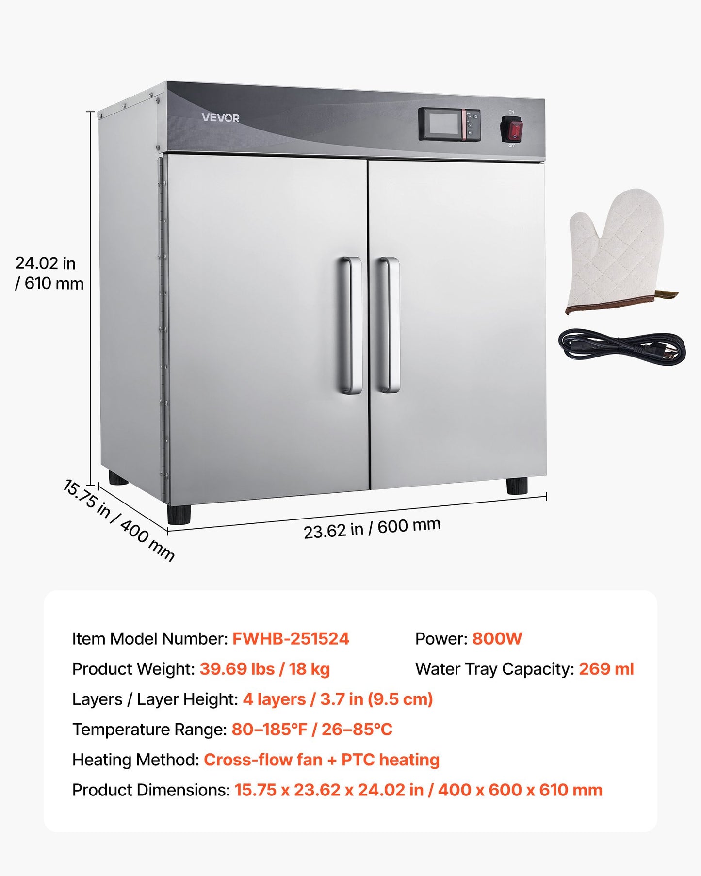 Electric Food Warmer Cabinet with 4 Adjustable Shelves - Stainless Steel Food Holding Unit