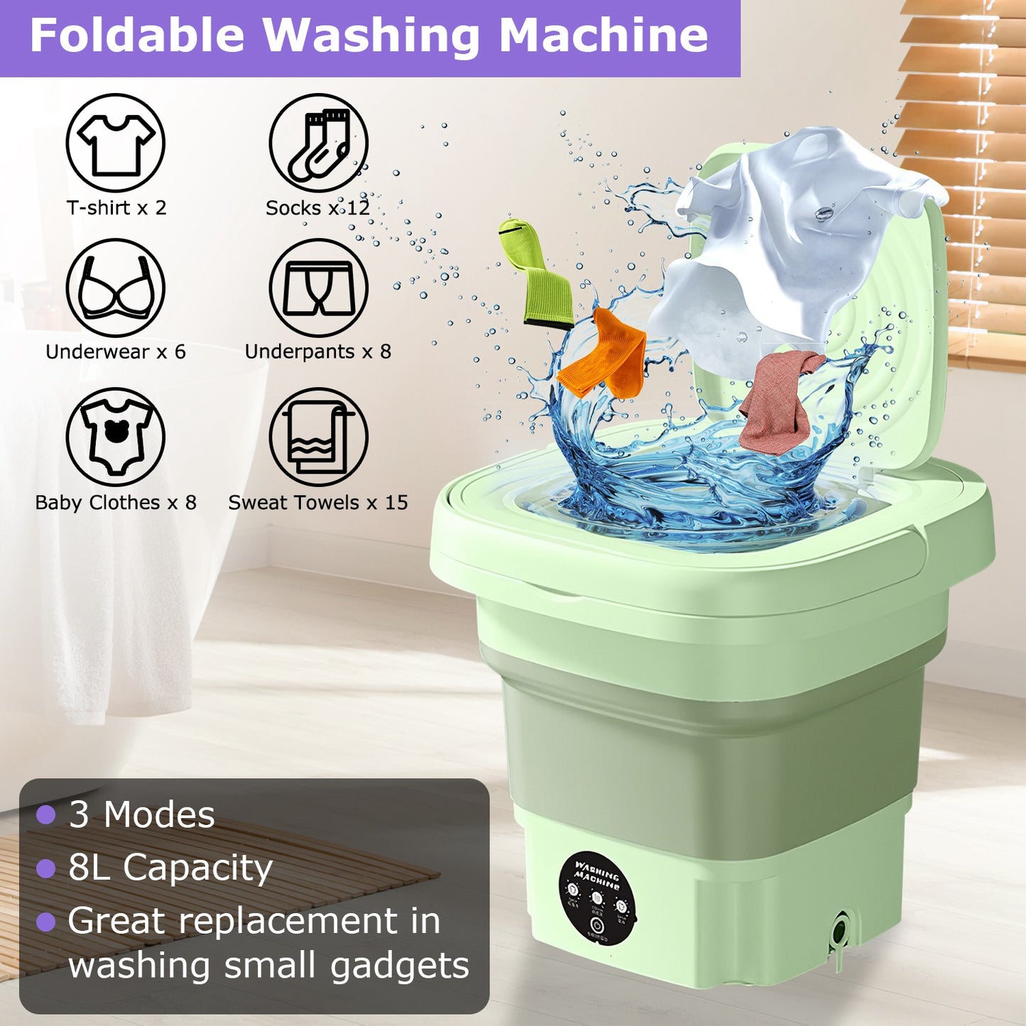 Portable Foldable Washing Machine with 3 Modes and Large 8L Capacity for Travel and Small Spaces