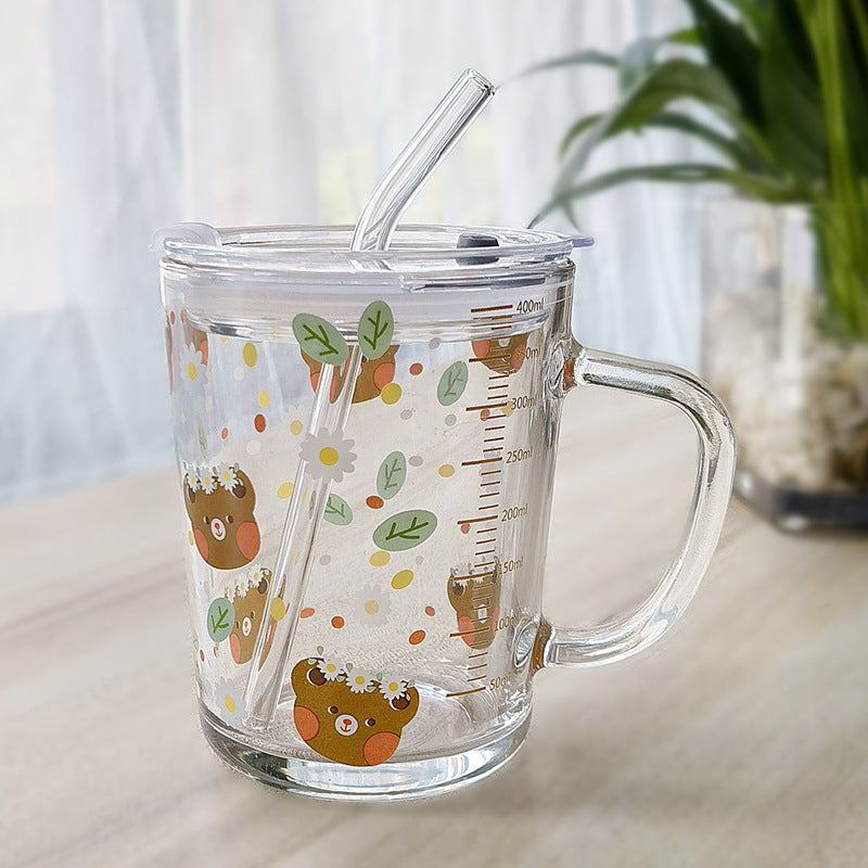 Minimalist Cartoon Glass Water Cup with Straw - Heat-Resistant, 400ML