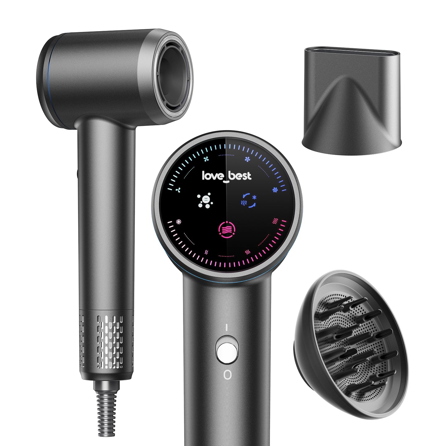 Professional Ionic Hair Dryer with Diffuser & Smart Screen - Fast Drying, Low Noise, Curly Hair Styling