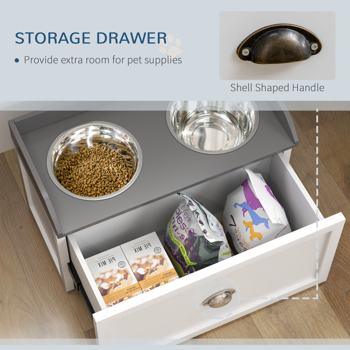 Elevated Dog Food Station with Storage and Stainless Steel Bowls - Large Dogs White