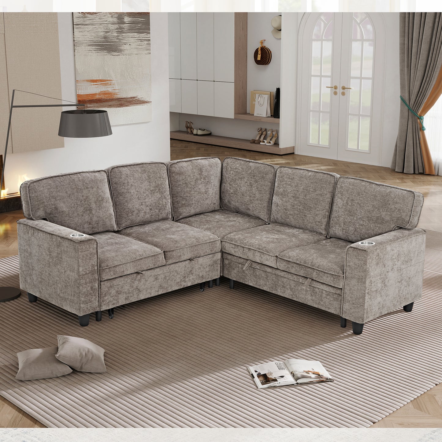 L-Shaped Sofa Bed with Storage & USB Ports - Light Brown