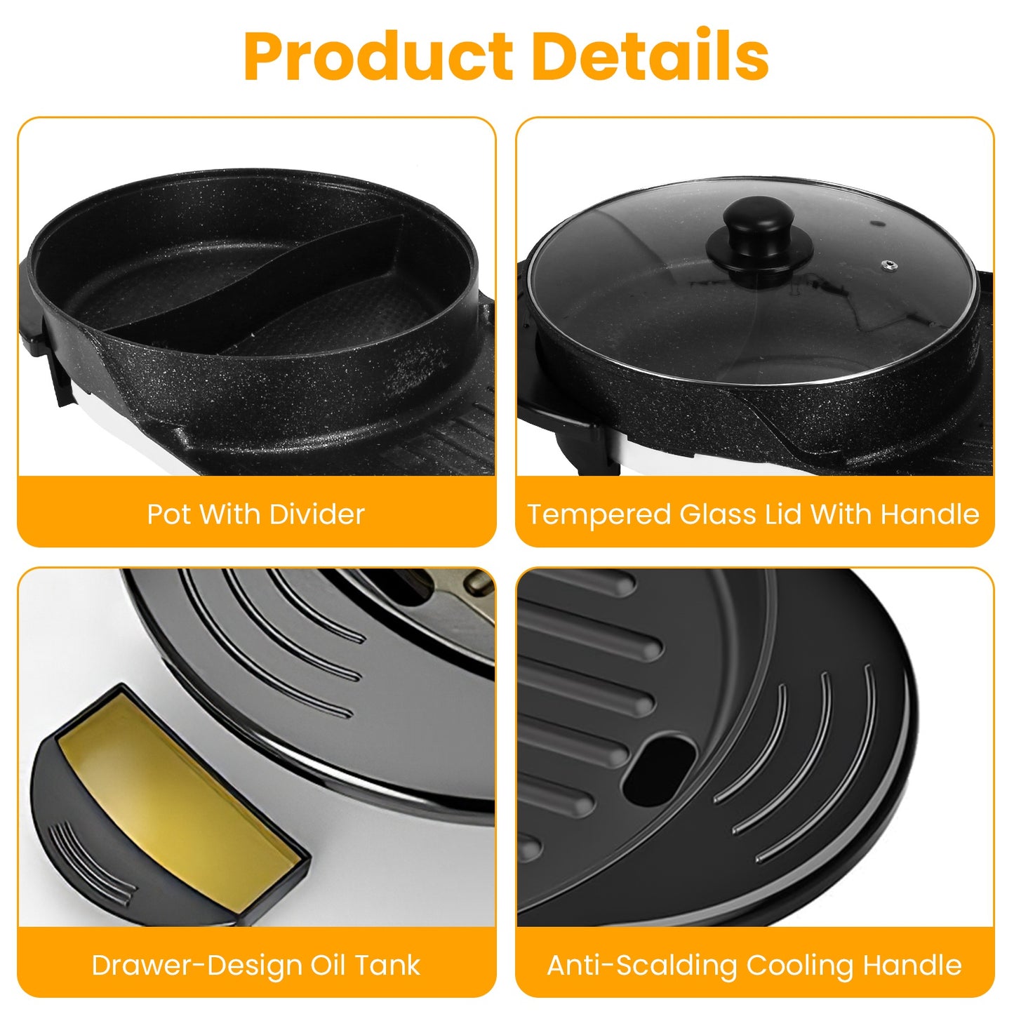 2200W 2-in-1 Electric Hot Pot & BBQ Grill Cooker - Smokeless