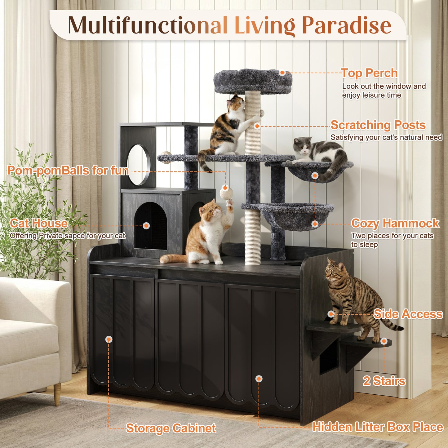 50.6 Cat Tree With Litter Box Enclosure, Tower Sisal Scratching Post