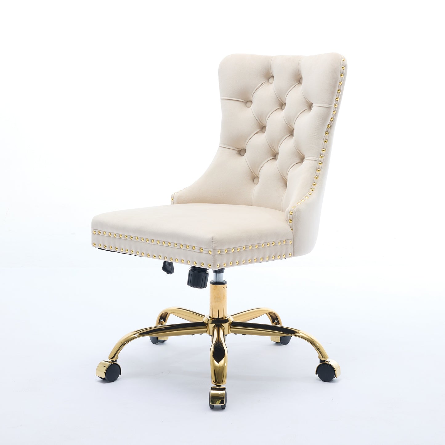 Beige Velvet Office Chair - Modern Tufted Design with Golden Base