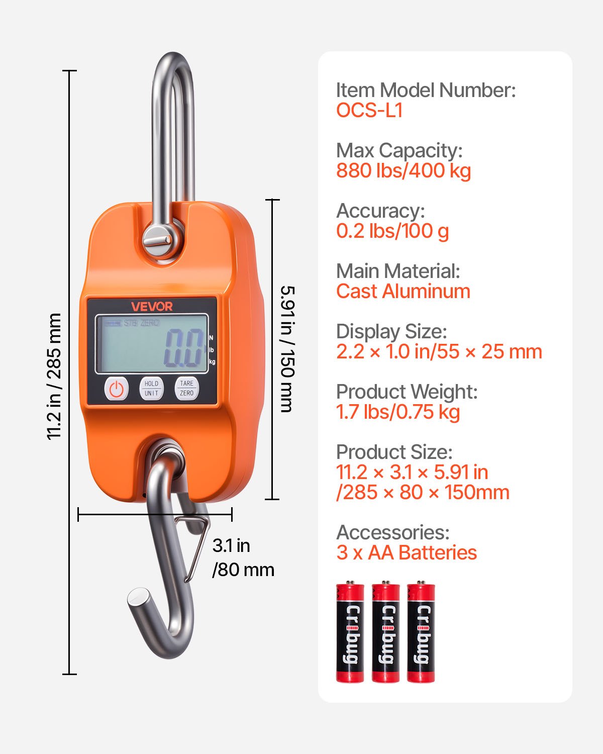 Digital Crane Scale 880 Lbs/400 Kg Handheld Hanging Scale with LCD Display