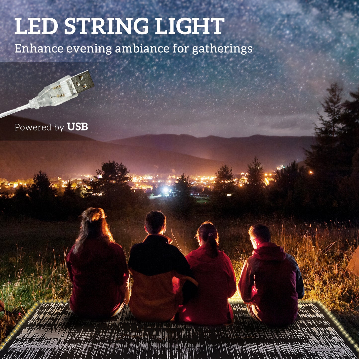 Reversible Outdoor Rug with LED Lights & Carry Bag - Dark Gray