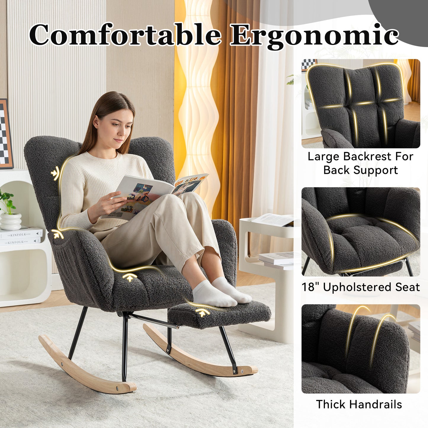 Modern Teddy Fabric Rocking Chair with Adjustable Footstool - Dark Gray
