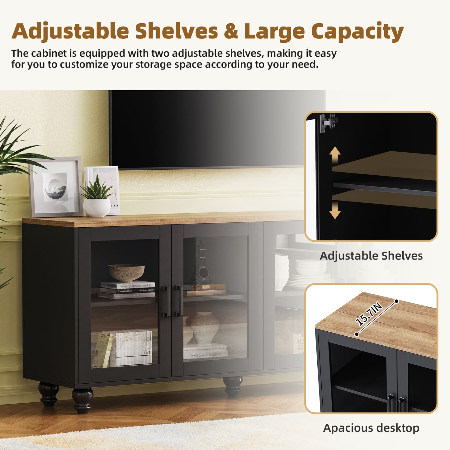 Farmhouse TV Stand with Glass Doors for TVs Up to 70" - Black