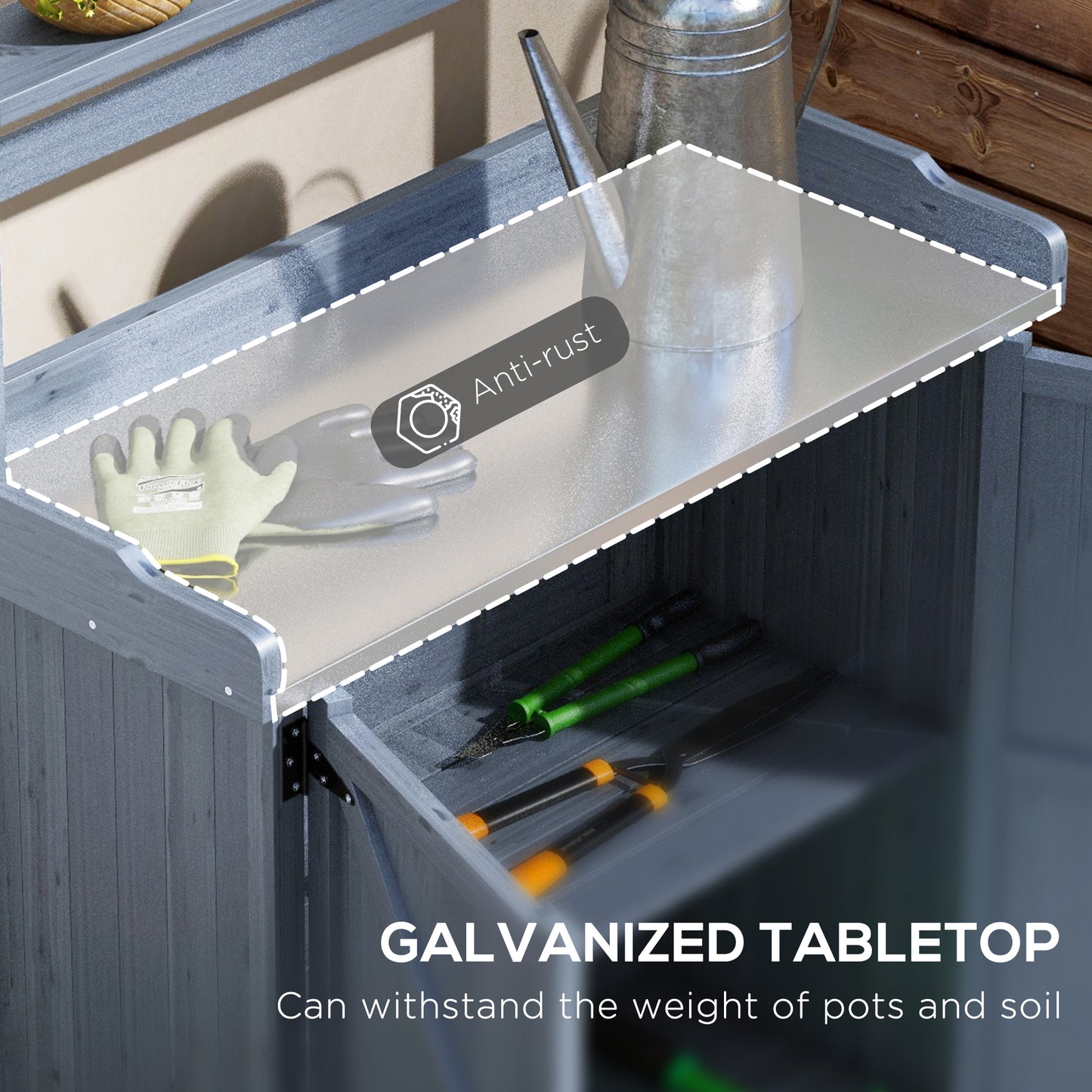 Outdoor Wooden Potting Bench with Storage Cabinet and Galvanized Tabletop - Gray