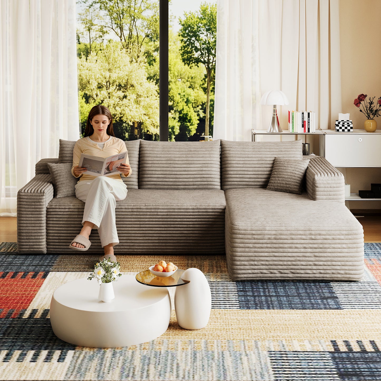 95" Cloud Sectional Sofa - Modern U-Shaped Couch in Camel Plush